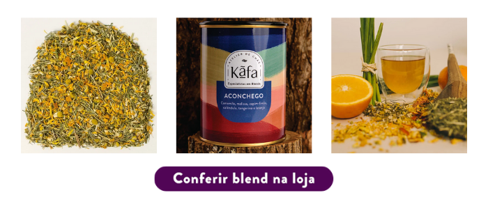 Ingredientes, lata e bebida preparada com o blend Aconchego. Clique para comprar.